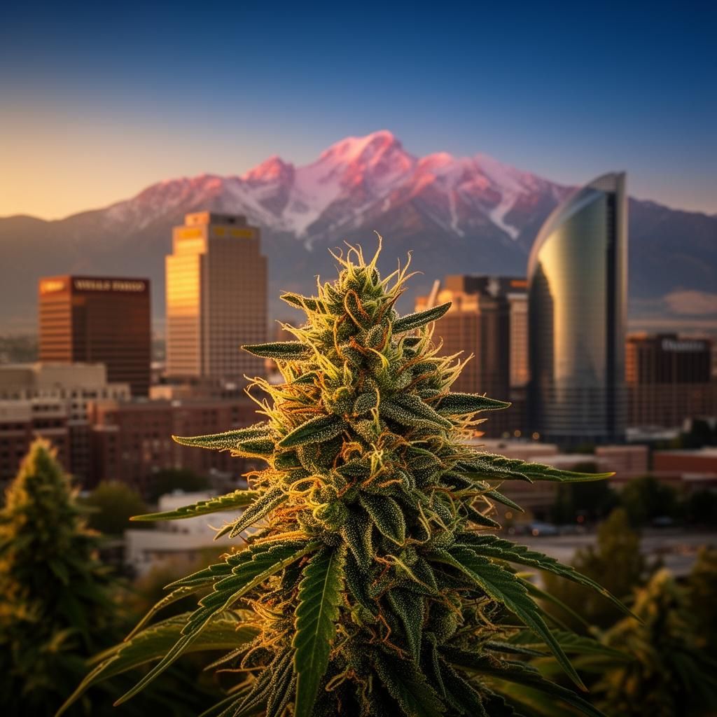 Frosty cannabis bud at golden hour with the Denver skyline and Colorado Rocky Mountains behind